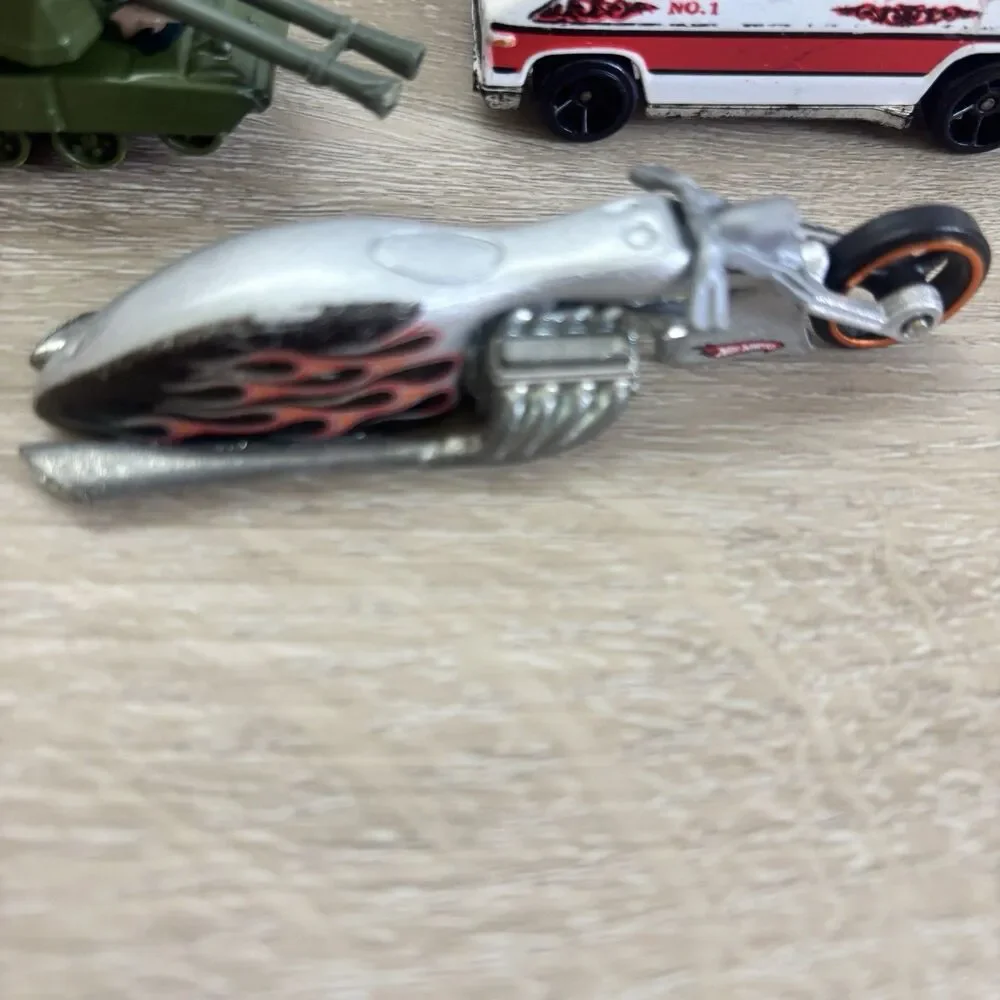 Hot Wheels Lot of 3: Fire Chief Van, Flame Motorcycle & Military Tan